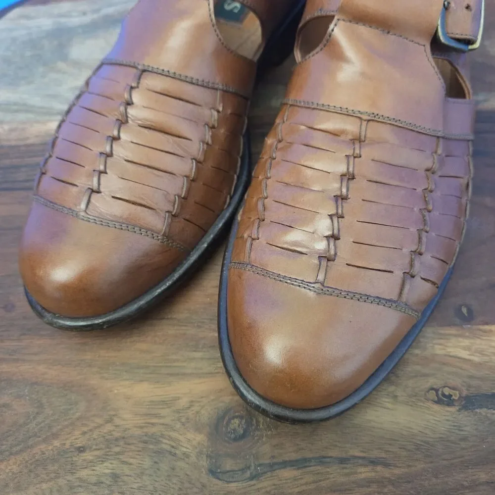 Bass Morris Woven Leather Fisherman Shoes Caramel Brown Made in Brazil Men's 9